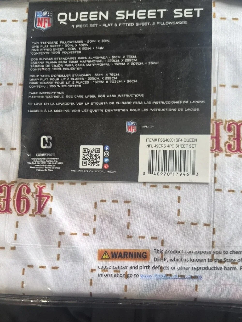 NFL Queen Sheet Set - White and Red with Team Logo